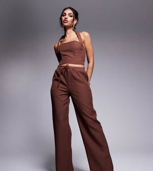 Kaiia exclusive drawstring waist wide leg trousers co-ord in chocolate