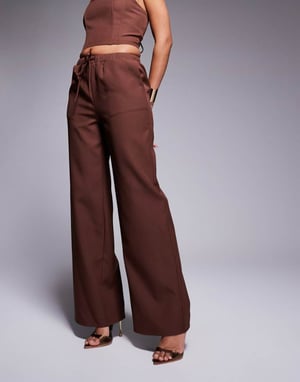 Kaiia exclusive drawstring waist wide leg trousers co-ord in chocolate