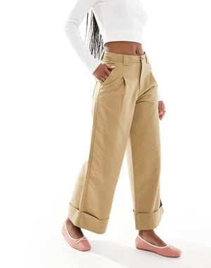 ASOS DESIGN brushed wide leg turn up ankle grazer in stone