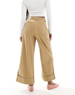 ASOS DESIGN brushed wide leg turn up ankle grazer in stone