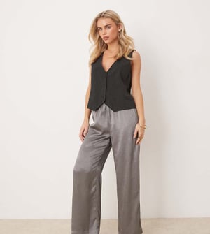JDY Petite wide leg metallic trousers in silver