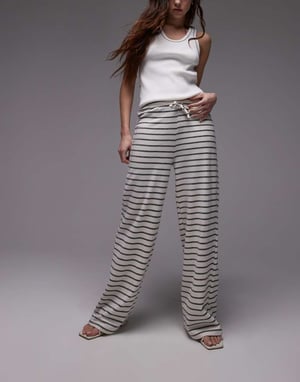 Topshop drawcord stripe wide leg trousers in ecru