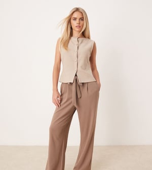 Vila Petite tie waist wide leg trouser in fossil brown