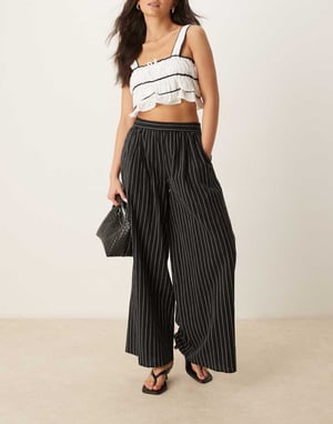 Nobody's Child Jerrow wide leg linen trousers in black stripe