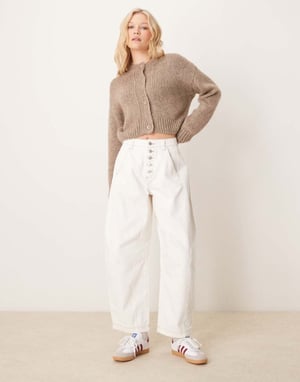 ASOS DESIGN cropped barrel leg jean with button fly in ecru