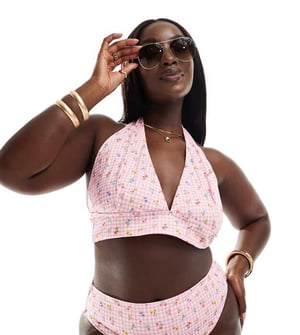 ASOS DESIGN Curve Angie hög apex halterneck triangelbikinitopp i ginghamblommor