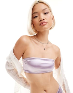 Monki mixa och matcha bandeau-bikiniöverdel i metallisk lila