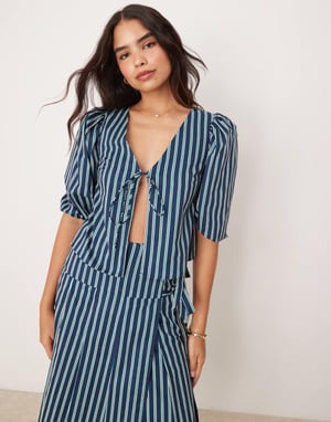 Glamorous volume sleeve blouse with tie front in green stripe co-ord