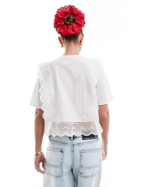 Pieces broderie cutwork detail short sleeve blouse in cloud white