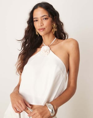 YAS halter neck corsage detail top co-ord in gardenia white