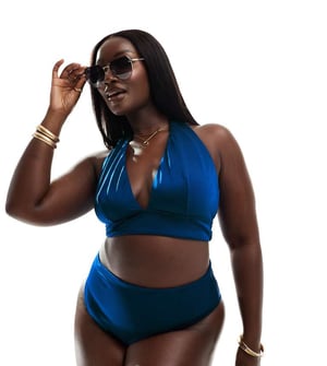 ASOS DESIGN Curve Maya hög apex halterneck triangelformad bikinitopp i blått