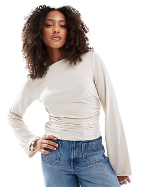 ASOS DESIGN peach cupro draped waist long sleeve t shirt in ecru