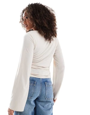ASOS DESIGN peach cupro draped waist long sleeve t shirt in ecru
