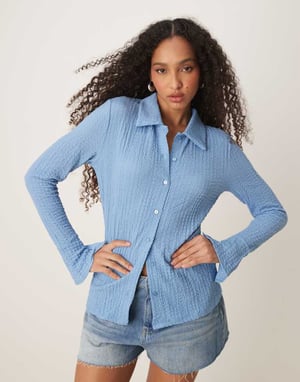 Vila bubble texture long sleeve button up shirt in kentucky blue