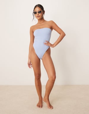 ASOS DESIGN Petite Maya sleek bandeau padded swimsuit in blue