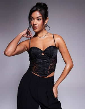 ASOS DESIGN bust cup hotfix corset top with lace panels in black