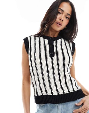 ASOS DESIGN crochet look button through top in black and white stripe