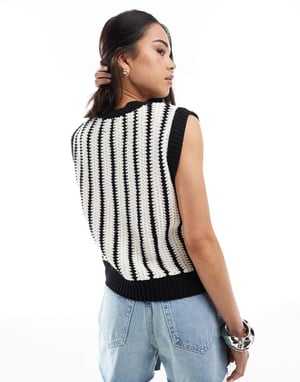 ASOS DESIGN crochet look button through top in black and white stripe