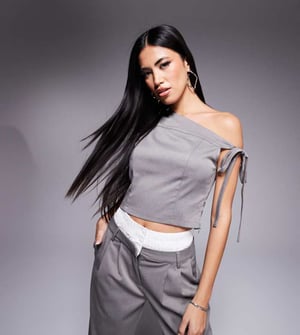Kaiia x Sasha Corte exclusive tailored off shoulder tie detail top co-ord in grey