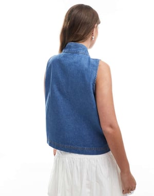 ASOS DESIGN a-line denim top with bow tie neck