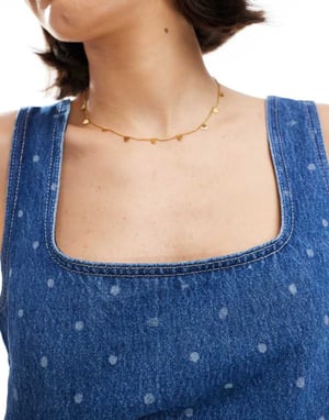 ASOS DESIGN denim square neck shift top with polka dot print in mid blue