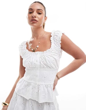 ASOS DESIGN broderie button through milkmaid top in white