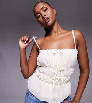 Kaiia exclusive square neck shirred tie detail cami top in cream