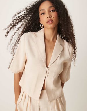 ASOS DESIGN short sleeve tie front cropped shirt co-ord in off white