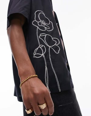Topman kortärmad reverskrage blommönstrad broderad framskjorta i svart