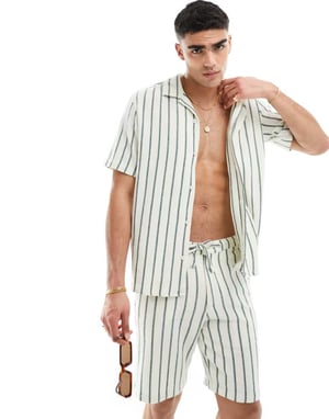 Selected Homme co-ord oversized texturerad skjorta med omvänd krage i grön rand