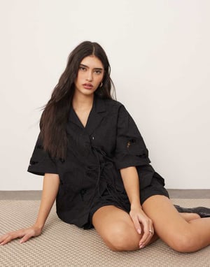 ARRANGE cotton cutwork embroidered short sleeve tie front shirt co-ord in black