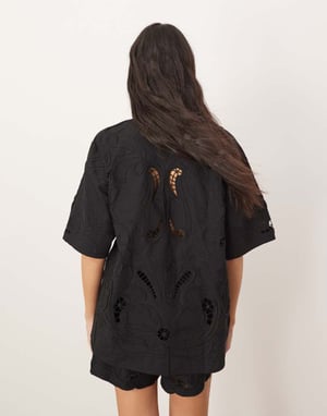 ARRANGE cotton cutwork embroidered short sleeve tie front shirt co-ord in black