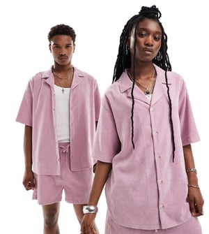 Återvunnen vintage unisex kordskjorta i rosa set