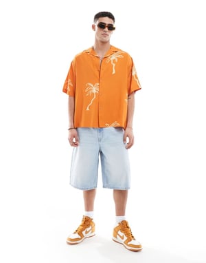 ASOS DESIGN oversized skjorta med revere och palmmotiv i orange