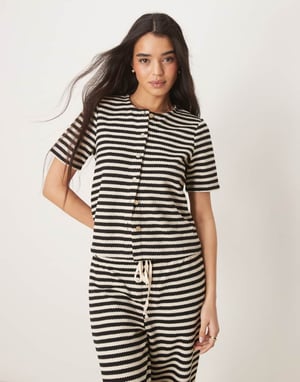 Vila textured knitted stripe short sleeve button down top co-ord in black and cream