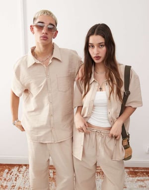 Återvunnen vintage unisex skjorta med kontrastsöm i sten