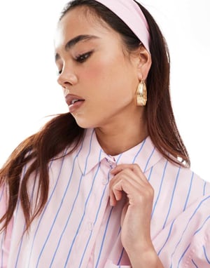 ASOS DESIGN kortärmad oversized koord skjorta i rosa och blå rand