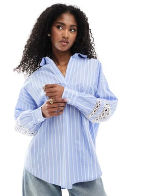 French Connection Cambria embroidered sleeve shirt in blue stripe