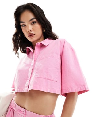 ASOS DESIGN kortärmad skjorta i tvättad rosa linne-set