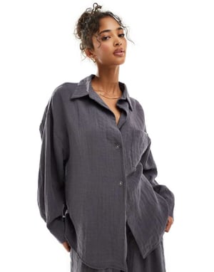 ASOS DESIGN oversized shirt with drop collar in textured fabric in charcoal co-ord