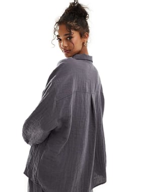 ASOS DESIGN oversized shirt with drop collar in textured fabric in charcoal co-ord