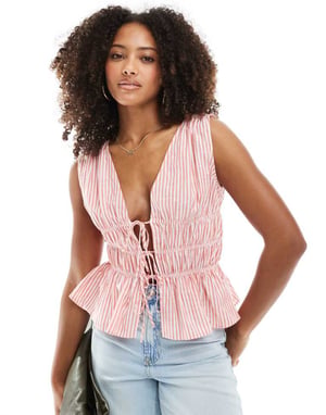 ASOS DESIGN sleeveless top with tie waist detail in red and white stripe