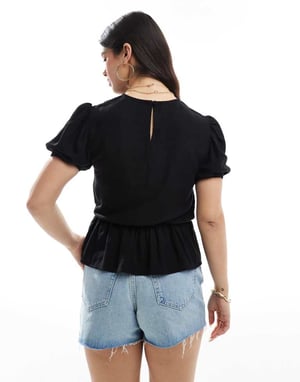 ASOS DESIGN linen blend peplum top with puff sleeve in black