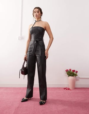 Miss Selfridge faux läder bandeau belagd jumpsuit i svart