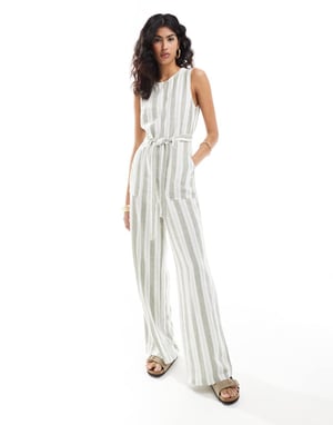 Endast ärmlös bälteförsedd linneblandning jumpsuit i krämfärgad och salvia rand