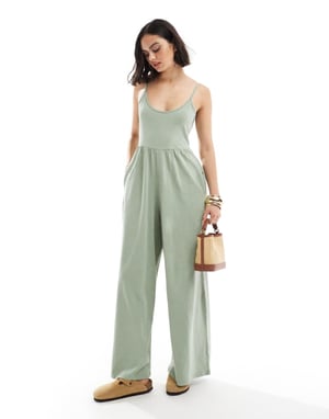 ASOS DESIGN scoop strapig tvättad jersey bredbenad jumpsuit