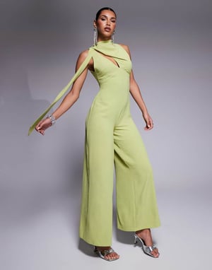 ASOS DESIGN cowl draped neck wide leg jumpsuit with tie detail in green