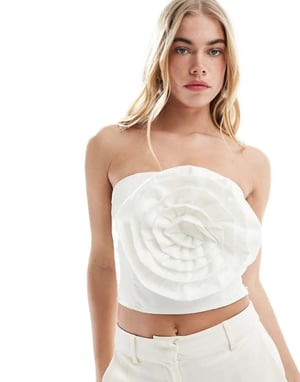 Vila brudjacquard bandeau-topp med 3D-korsett i vitt
