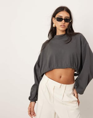 ASOS EDITION premium jersey veckad detalj långärmad topp i kolgrå