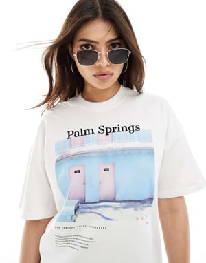 ENDAST oversized t-shirt med palm spring print i vitt